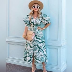 Johanna Ortiz x H&M Linen Blend Midi in Green Palm Leaf Floral Dress M